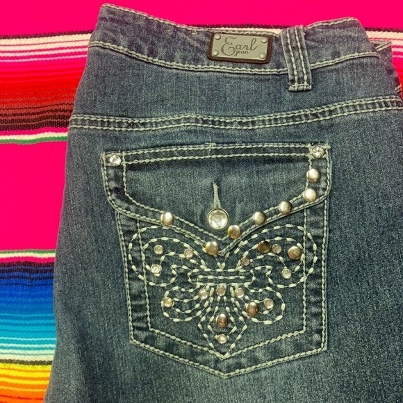 Y2K Wide Rhinestone Jeans Women's 16W (34x30) Blue Flap Pockets VTG Earl Jean - Picture 1 of 9